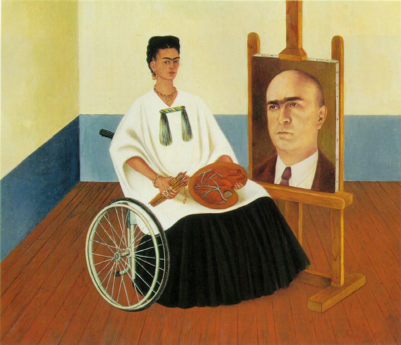 Frida na wózku inwalidzkim autoportret